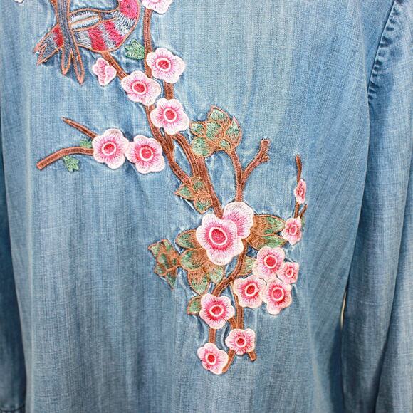 Soft Surroundings Denim Prairie Girl Japan Floral Print Tiered Dress Y2K Medium - Picture 6 of 7